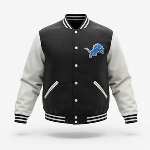 NFL Detroit Lions Reversible Varsity Jacket Mens Large Black White Bomber Puffer